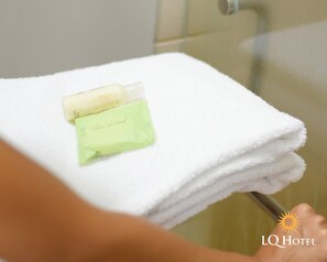 Shower, free toiletries, hair dryer, towels