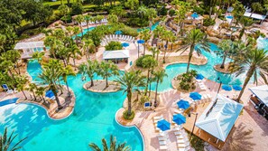 10 outdoor pools, pool umbrellas, pool loungers