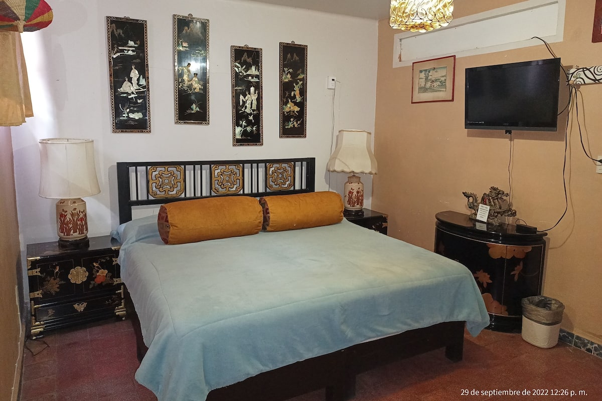 Un dormitorio con cama, mesitas de noche, lámparas, televisor, paneles decorativos en la pared y un cubo de basura.