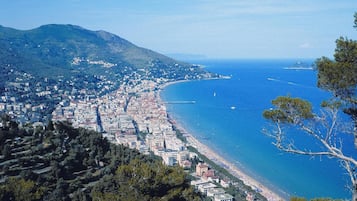 A coastal city with a long beachfront, dense urban area, and a mountainous backdrop.
