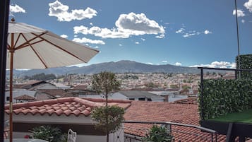 Un balcón con vistas a la ciudad, un árbol en maceta y un paraguas grande.