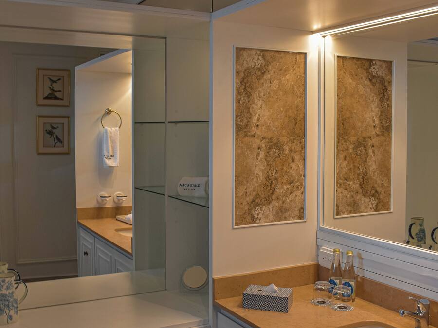 A modern bathroom with a double sink, vanity, and a large mirror.