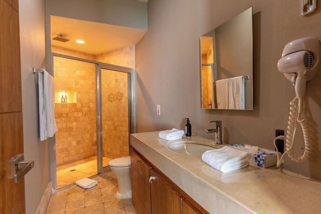 A bathroom with a glass shower door, a toilet, a sink with a mirror, and a hairdryer mounted on the wall.