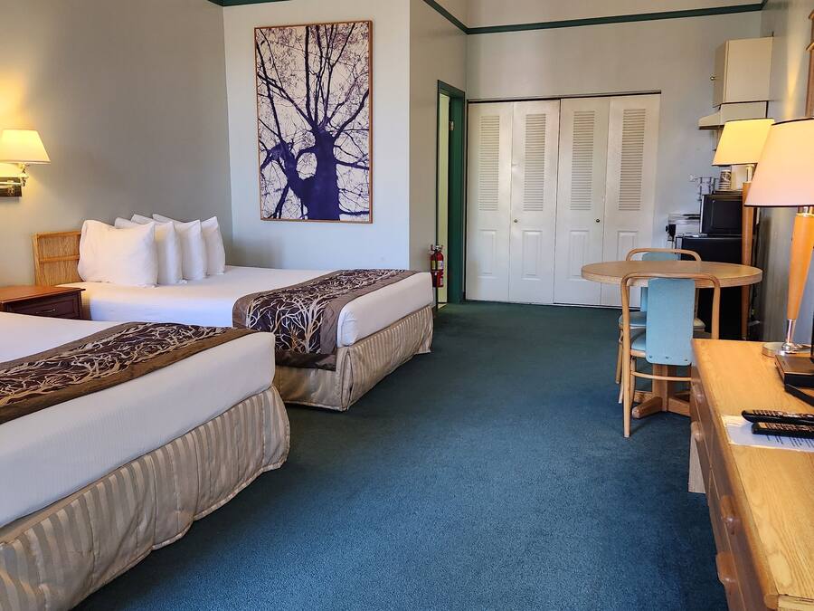 Hotelkamer met twee bedden, een eettafel met stoelen, een kleine televisie en een schilderij van een boom aan de muur.