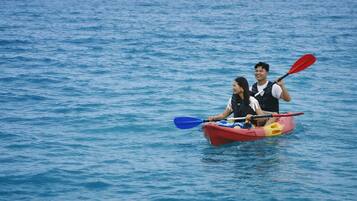 Two people kayaking on a calm sea.