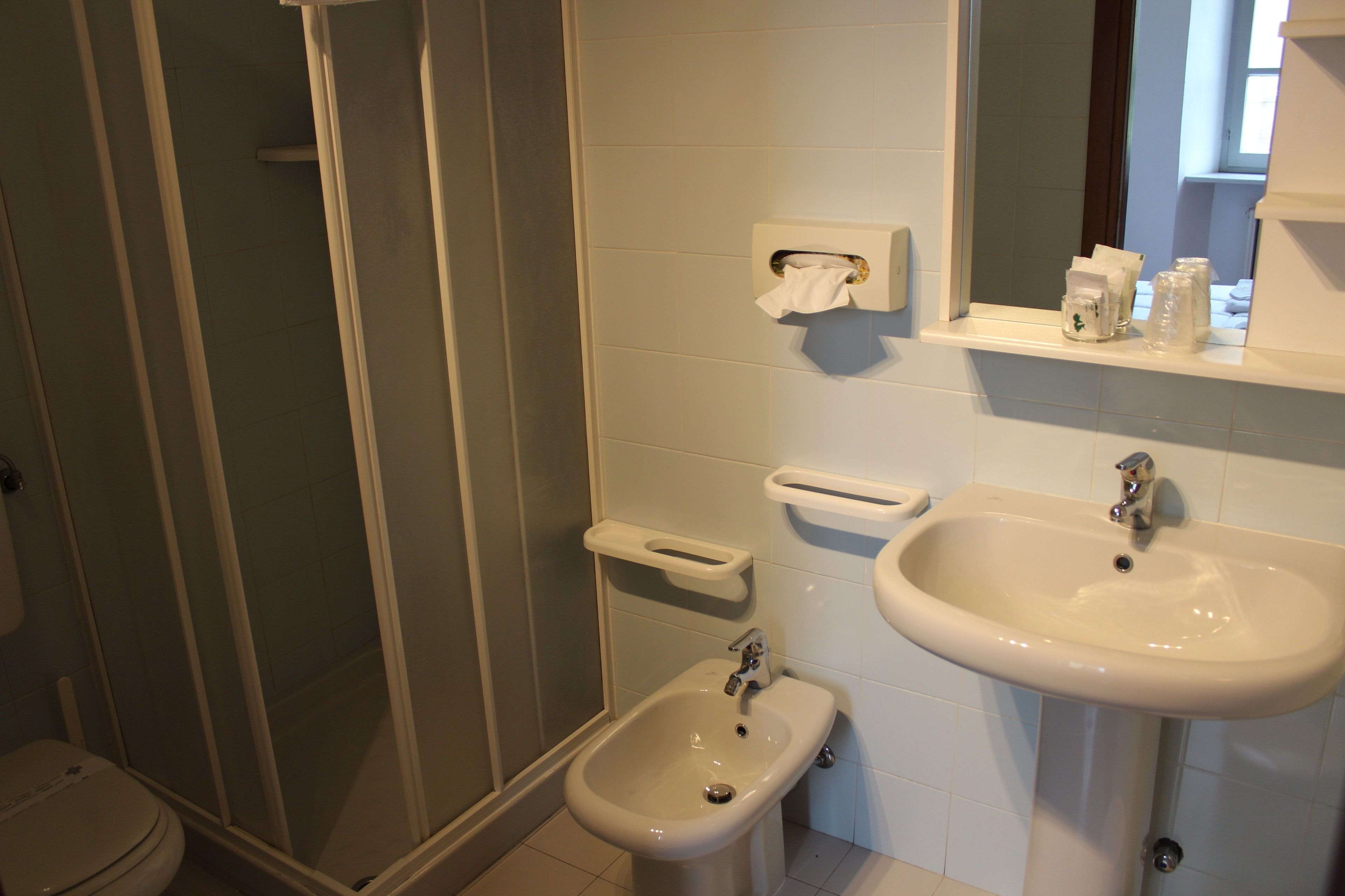 shower, free toiletries, bidet, towels