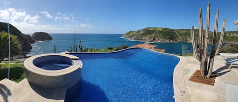 Outdoor pool, pool umbrellas, pool loungers