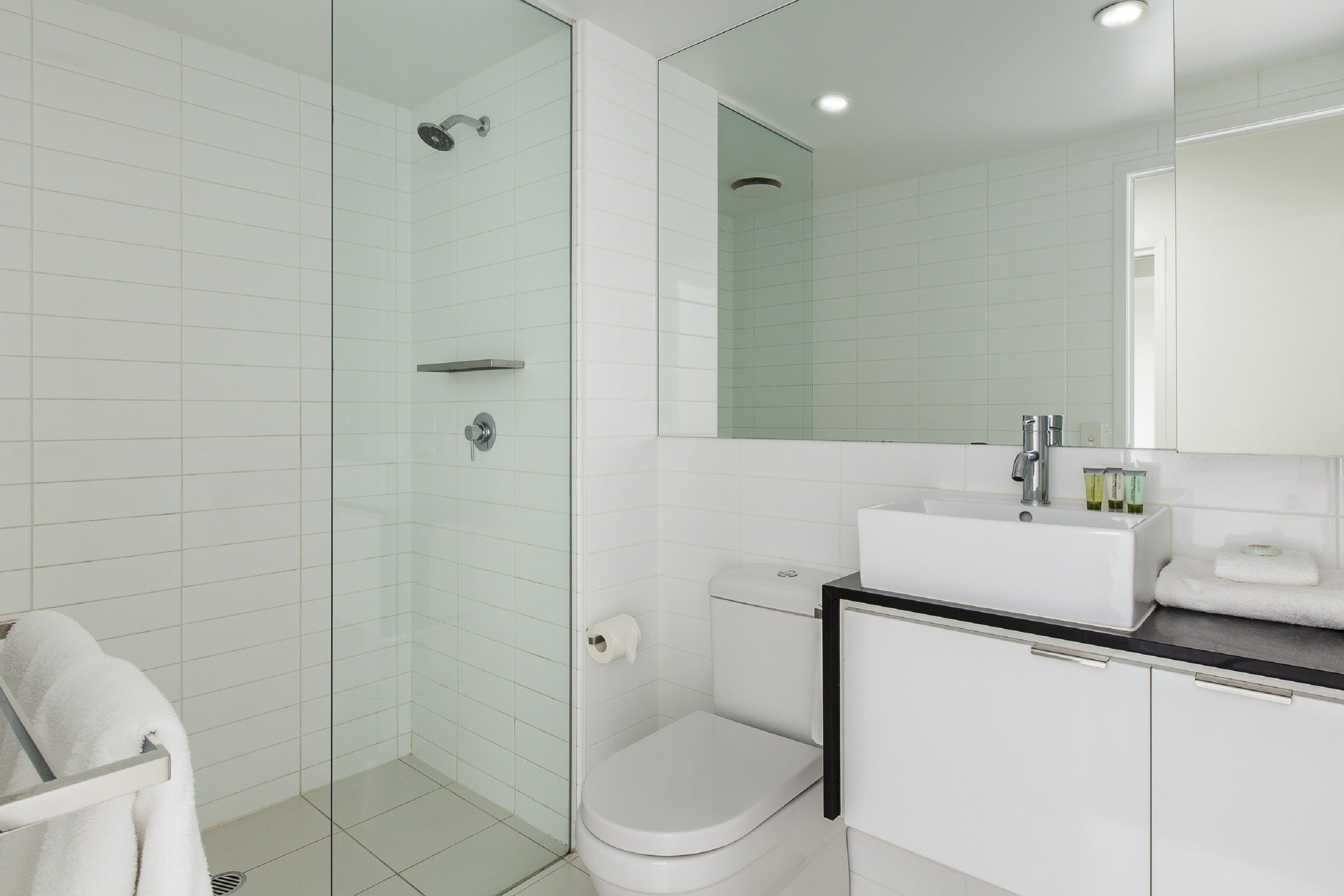 Ein modernes Badezimmer mit einer Duschkabine, einer weißen Toilette und einem Waschbecken mit schwarzer Arbeitsplatte.