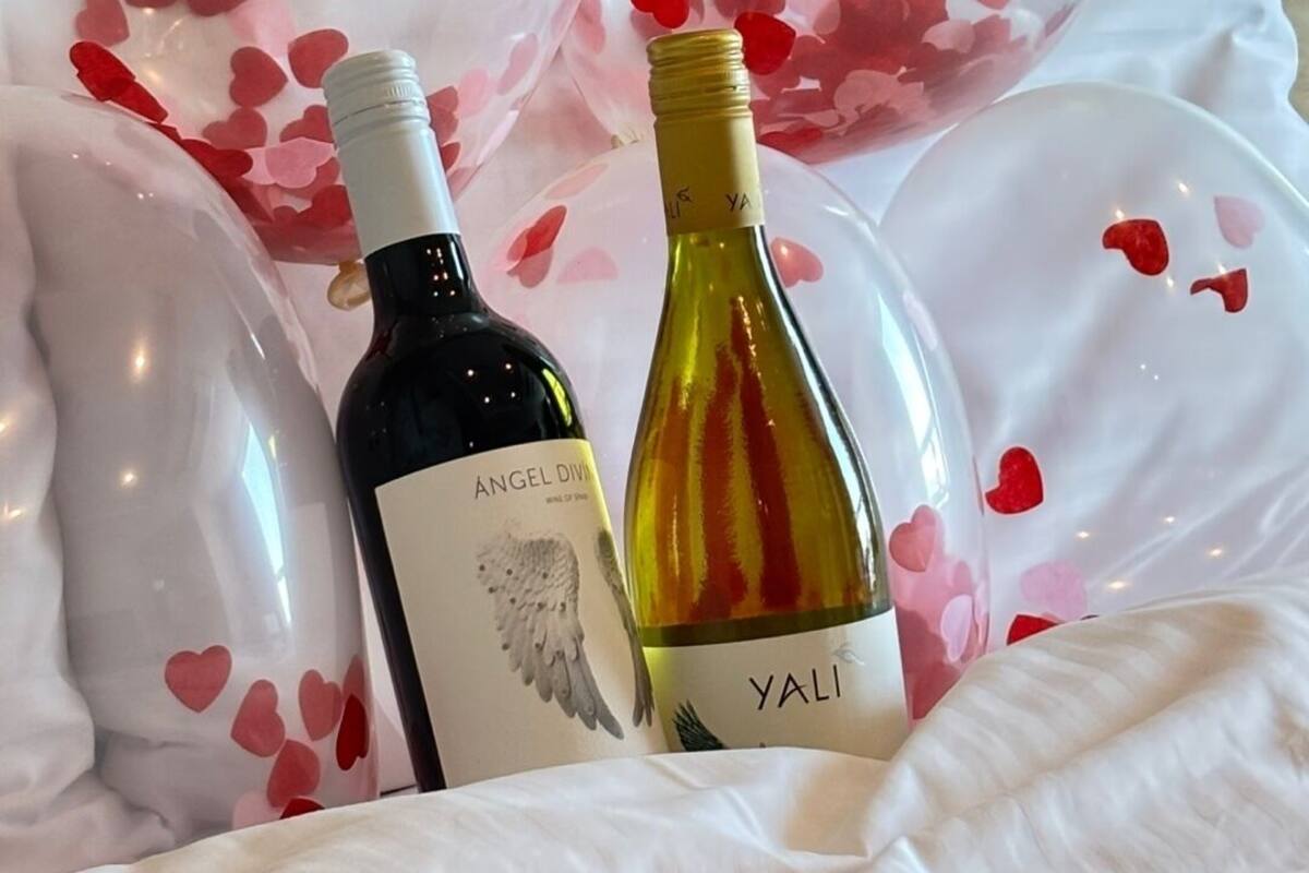 Two wine bottles, one labeled 'Angel Div' and the other 'Yali', placed on a white surface with heart-shaped decorations.