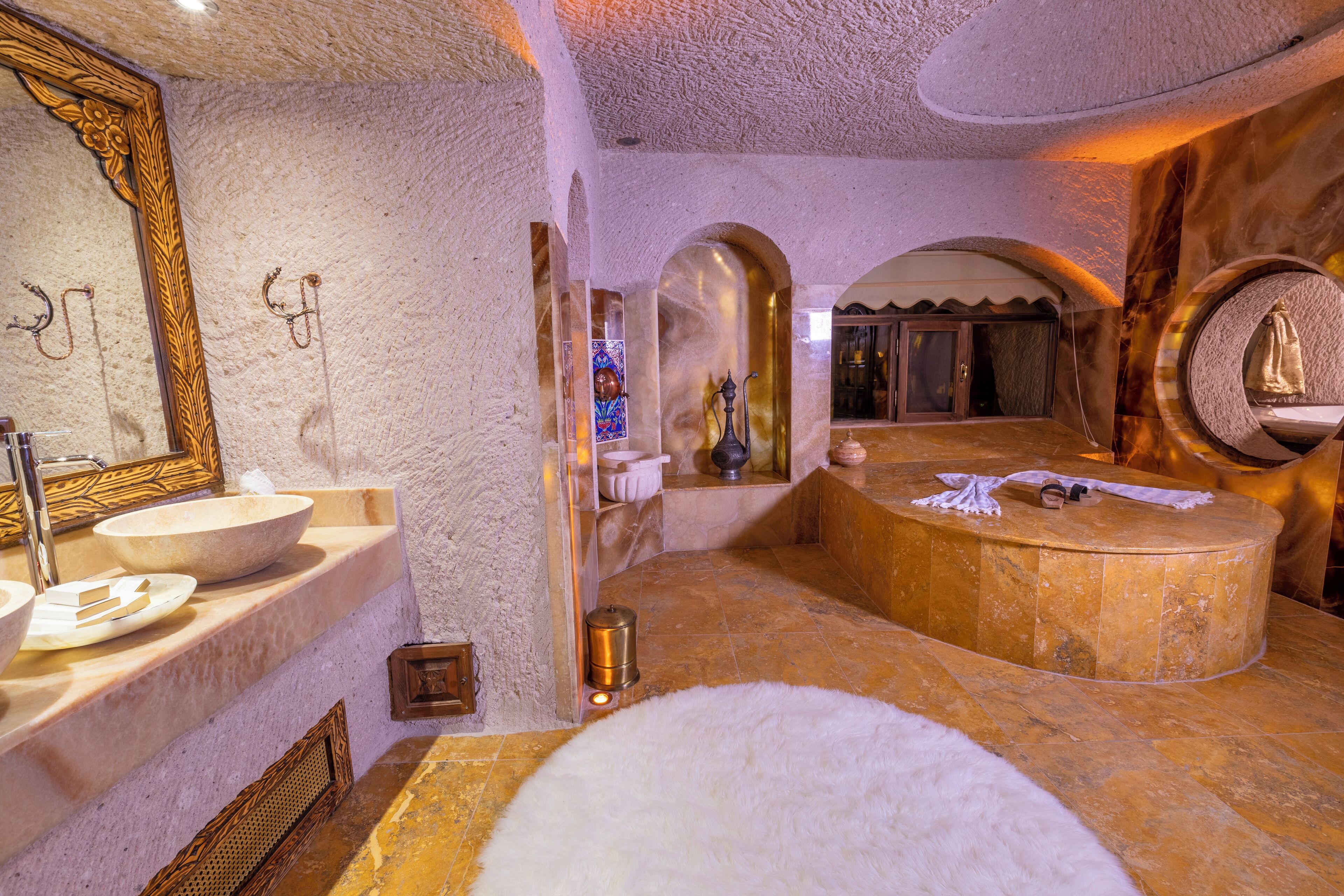 byzantine king suite with turkish hamam | bathroom | combined shower/bathtub, jetted bath, hydromassage showerhead