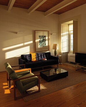 Apartment, 1 Bedroom, Kitchenette, Sea View | Living area | 50-inch flat-screen TV with cable channels, TV, DVD player