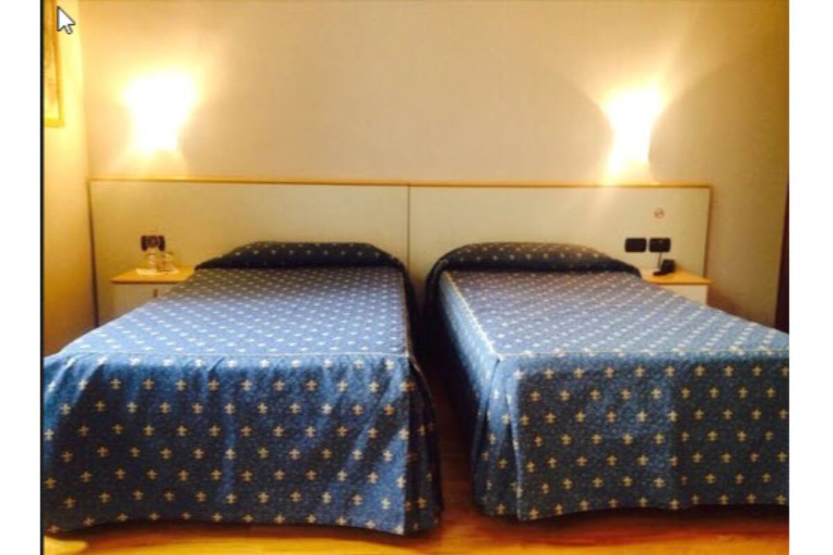 Habitació amb dos llits, cadascun amb un llençol blau amb un dibuix de fulles de metall. Hi ha taules de nit amb làmpades i un lluminària fixat a la paret.