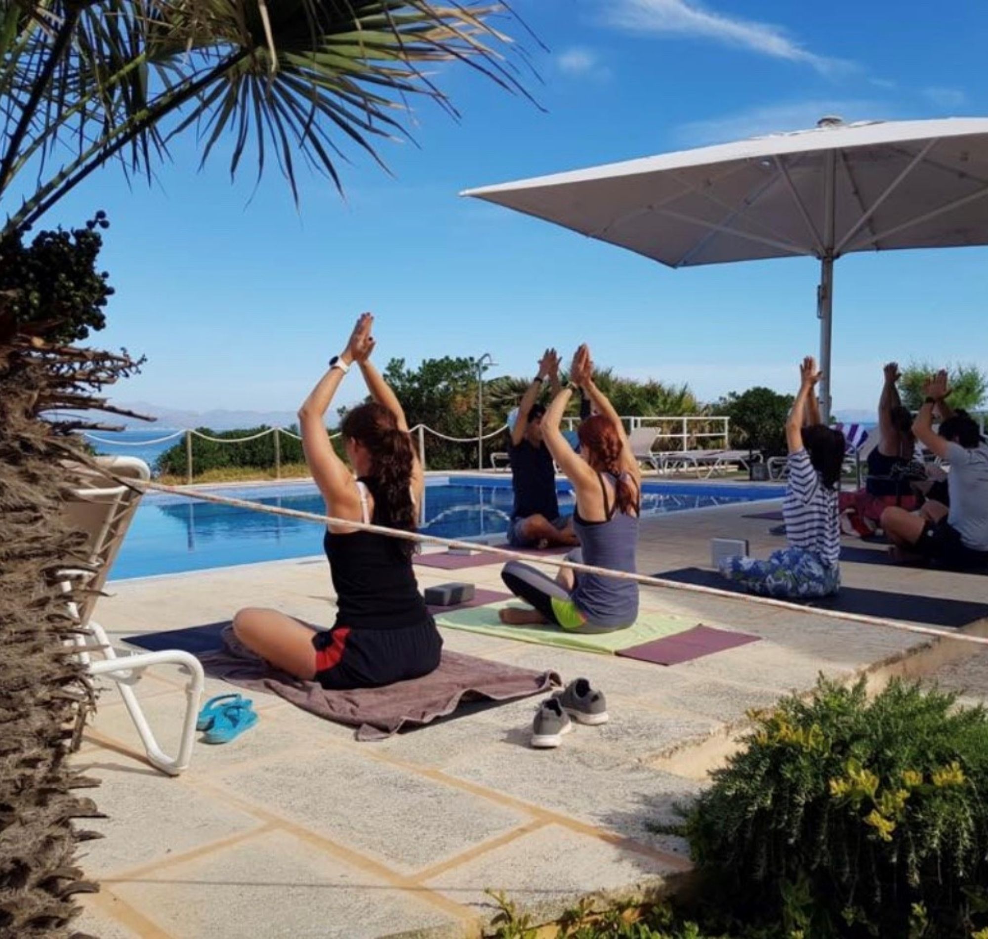 Un grupo de personas practicando yoga junto a una piscina, con vista despejada al mar y palmeras al fondo.
