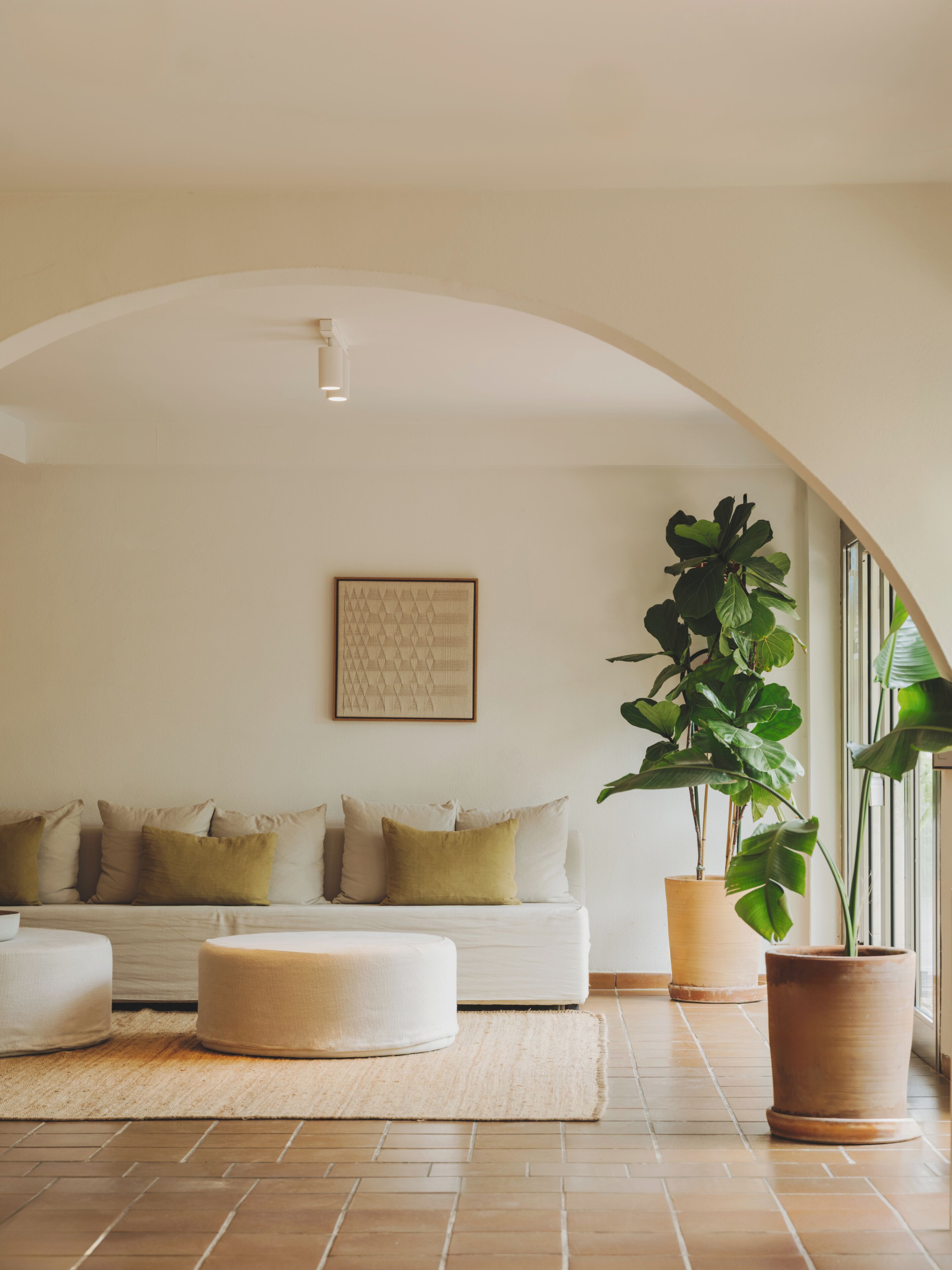 Un salón con sofá, reposapiés y plantas en macetas.