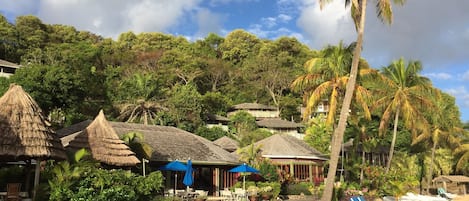 A beachside resort with thatched-roof huts, palm trees, and a sandy beach.