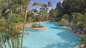 A swimming pool surrounded by palm trees and lounge chairs. - Young Island Resort (Villa)