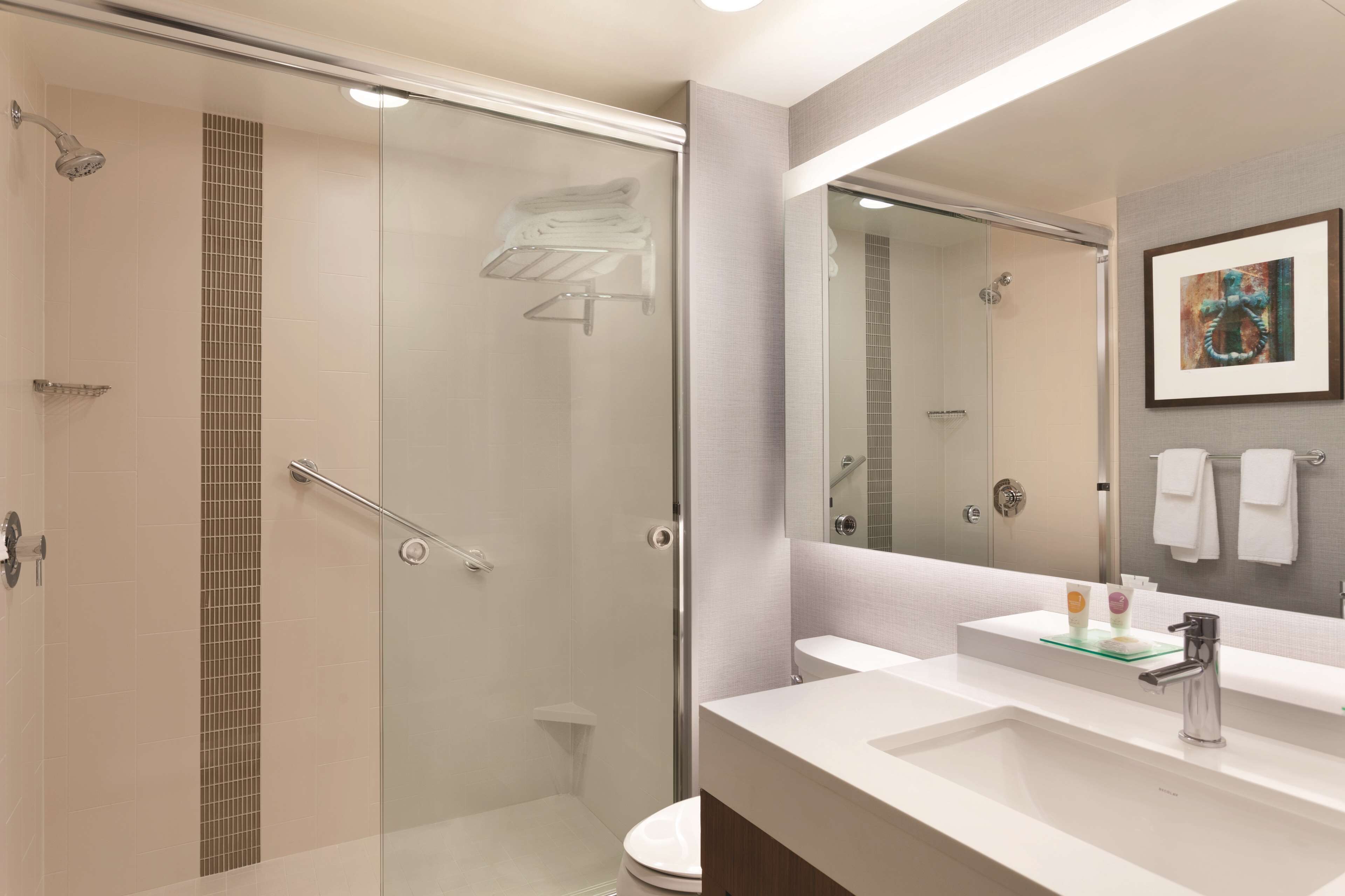 designer toiletries, hair dryer, towels