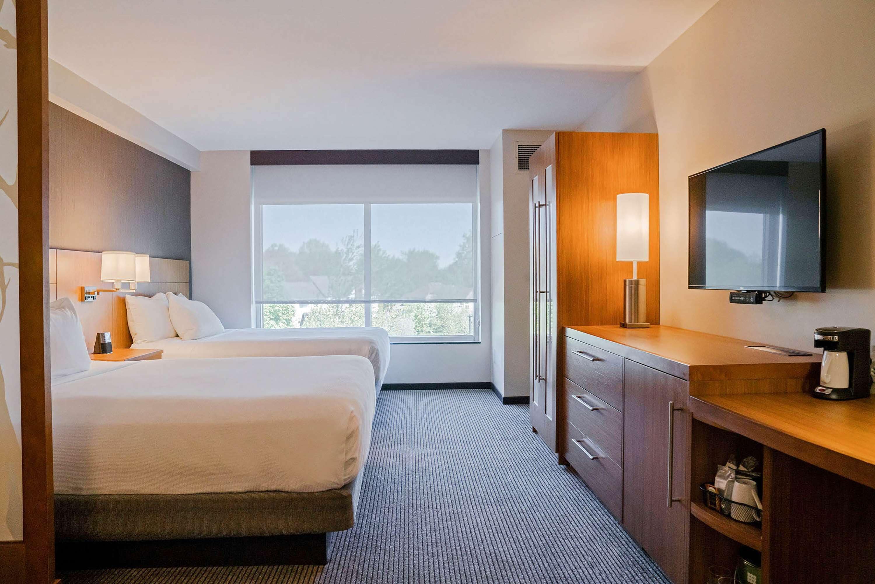 A hotel room with a bed, a TV, a coffee maker, and a window with a view of trees.