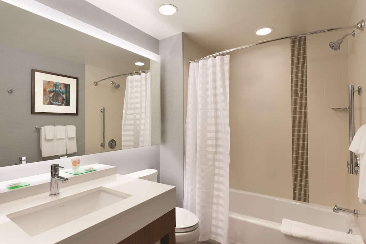 designer toiletries, hair dryer, towels