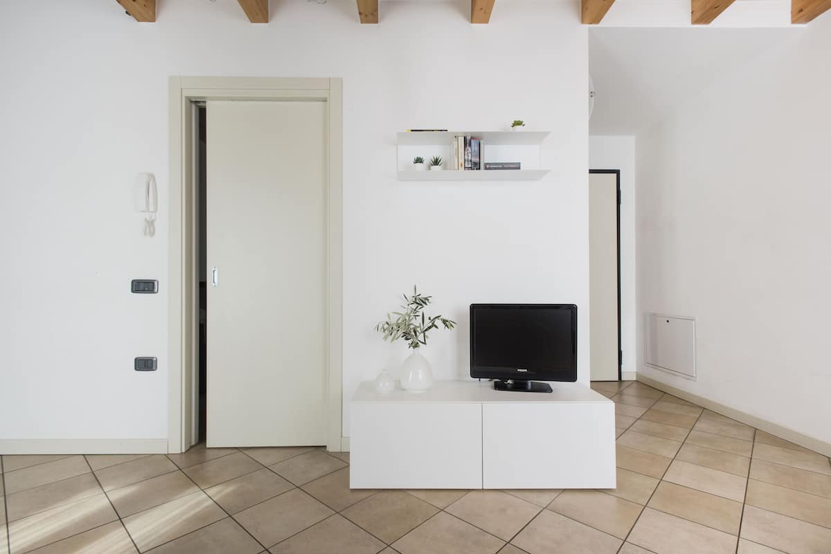 Un salon moderne avec un meuble de rangement blanc pour l’équipement audiovisuel, un téléviseur à écran plat et une petite plante.