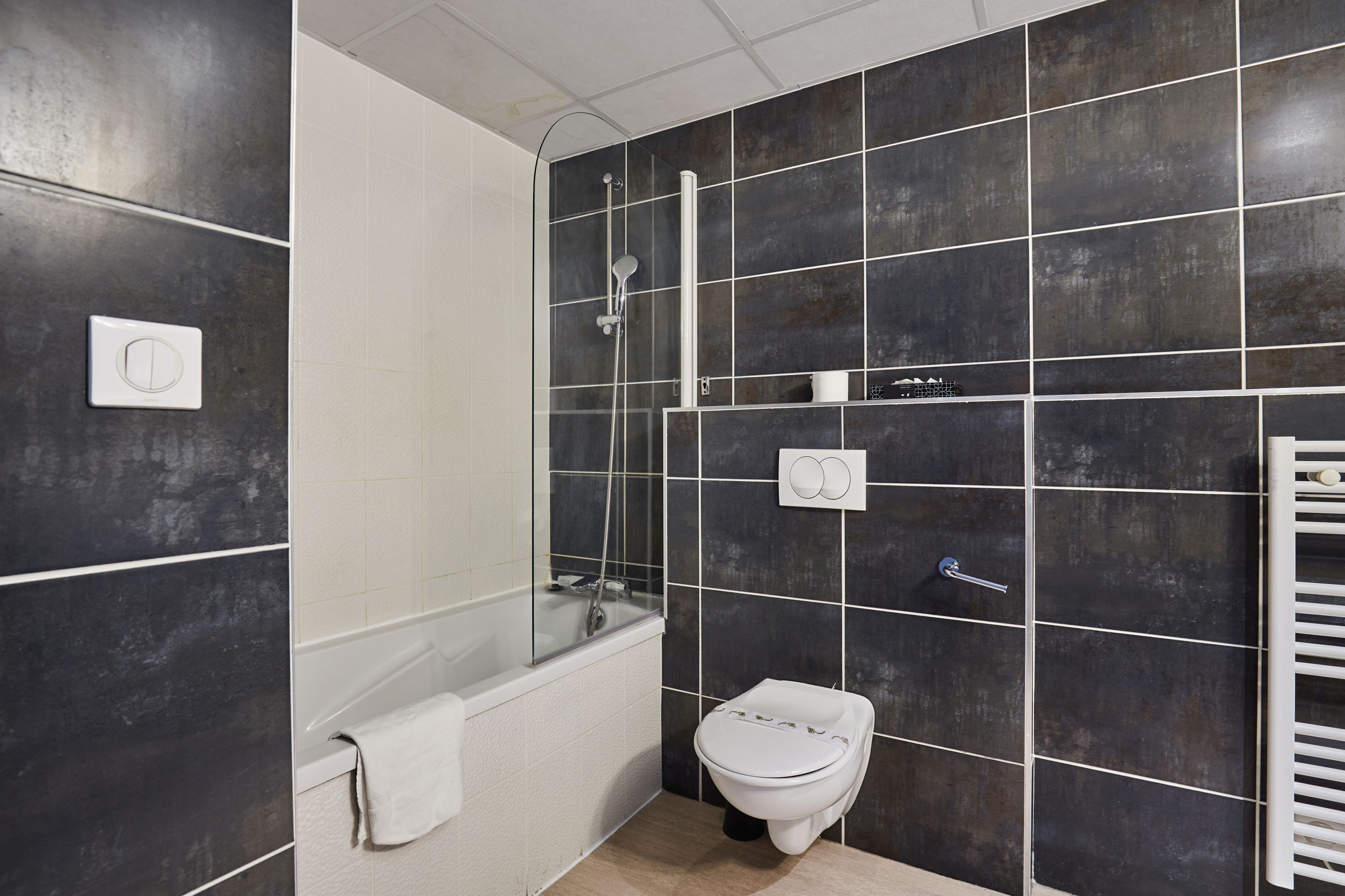 Une salle de bain moderne équipée d’une baignoire, de toilettes et d’un espace douche.