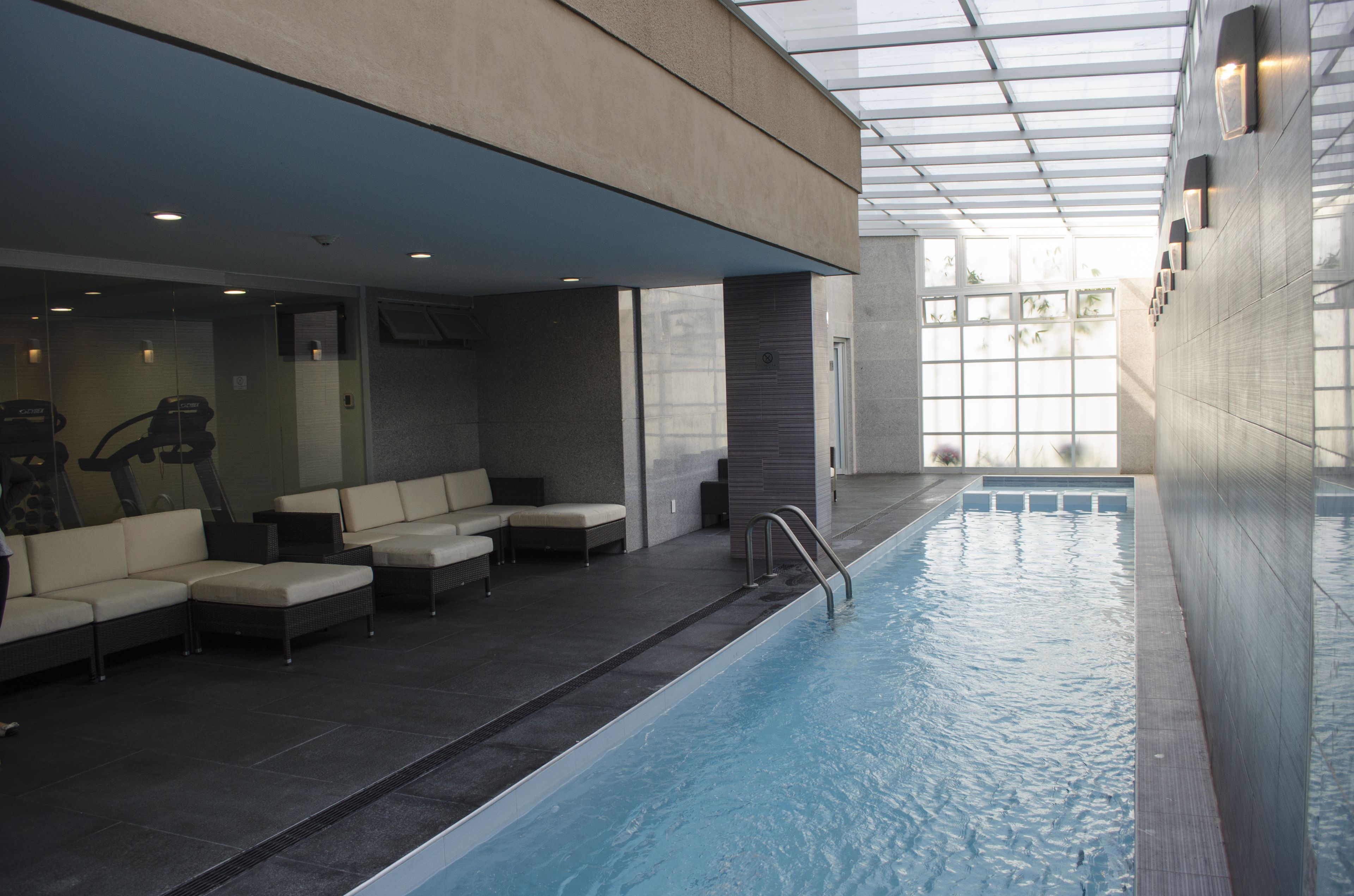 Indoor pool, open 9:00 AM to 9:00 PM, sun loungers