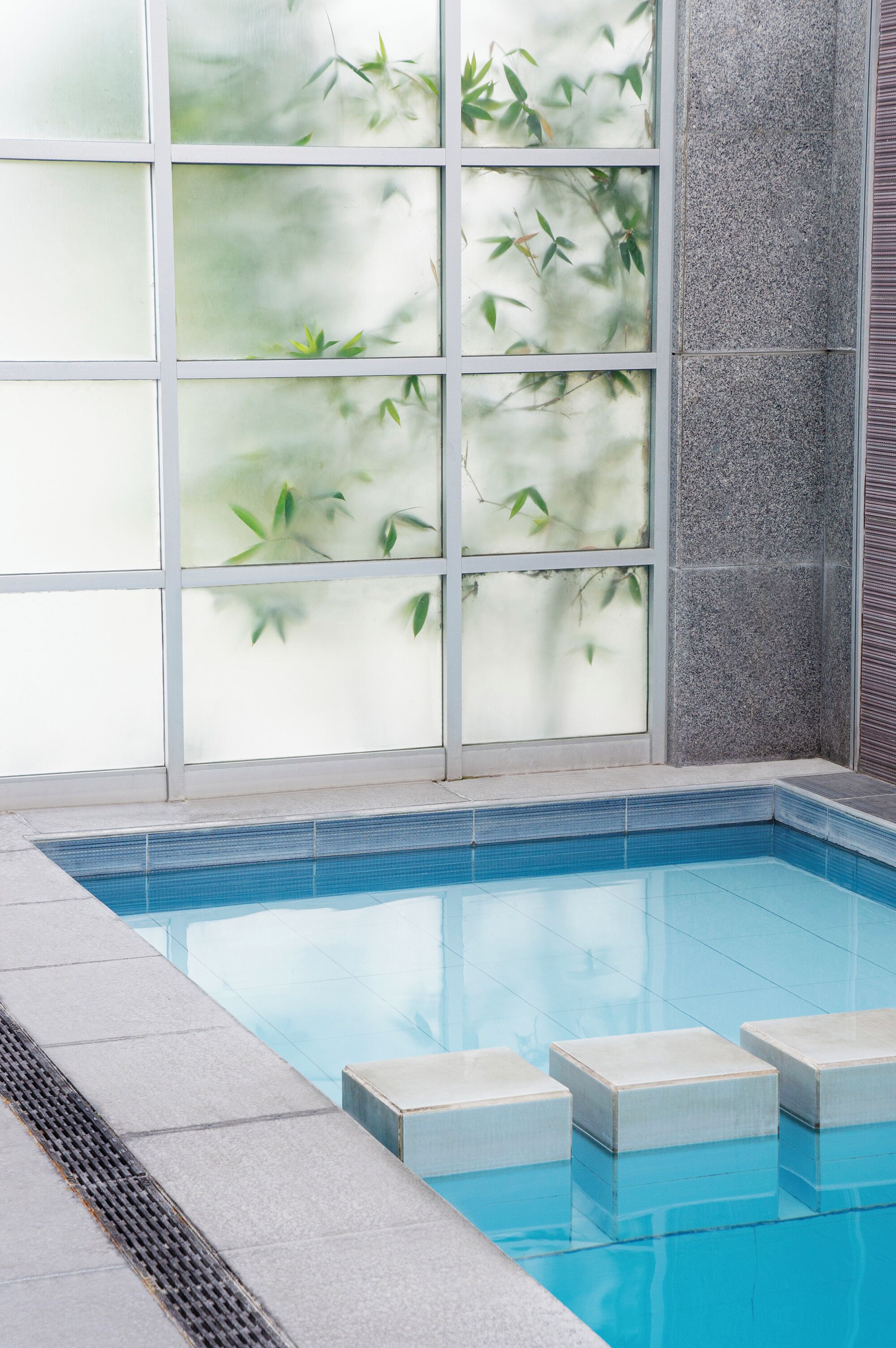 A swimming pool with clear blue water, surrounded by stone tiles and a glass partition with bamboo leaves.