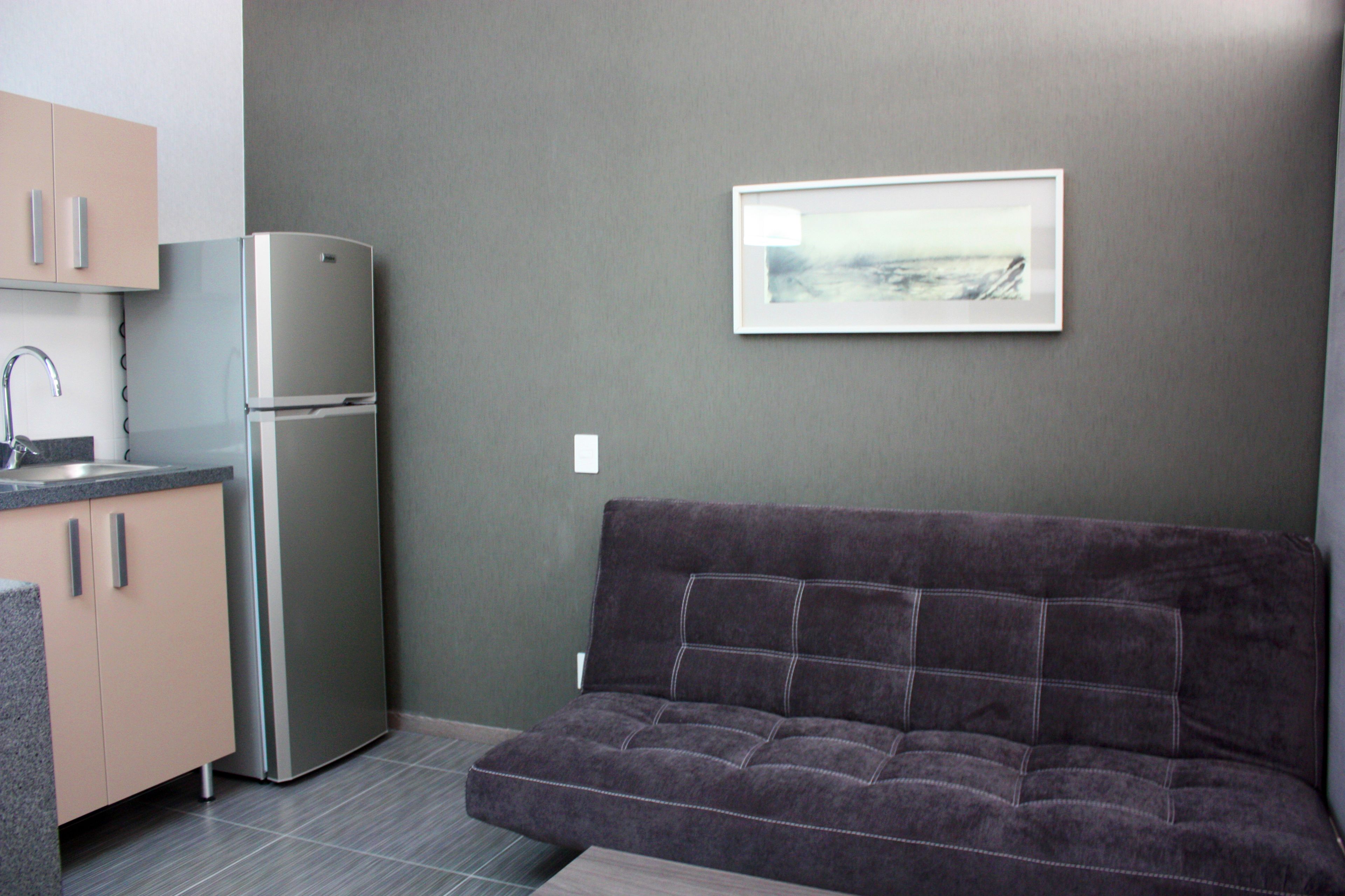 Una kitchenette compacta con refrigerador y lavamanos, un sofá de color oscuro y un cuadro en la pared.