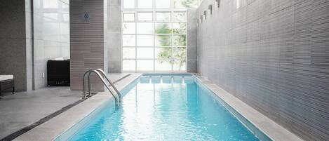 Indoor pool, open 9:00 AM to 9:00 PM, sun loungers