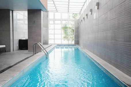 Indoor pool, open 9:00 AM to 9:00 PM, sun loungers