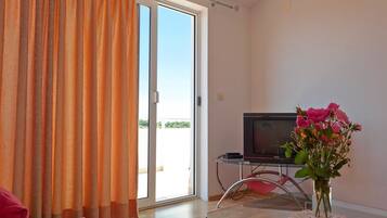 Apartment, 1 Bedroom, Terrace, Sea View (Sunset) | Living room | Flat-screen TV, DVD player