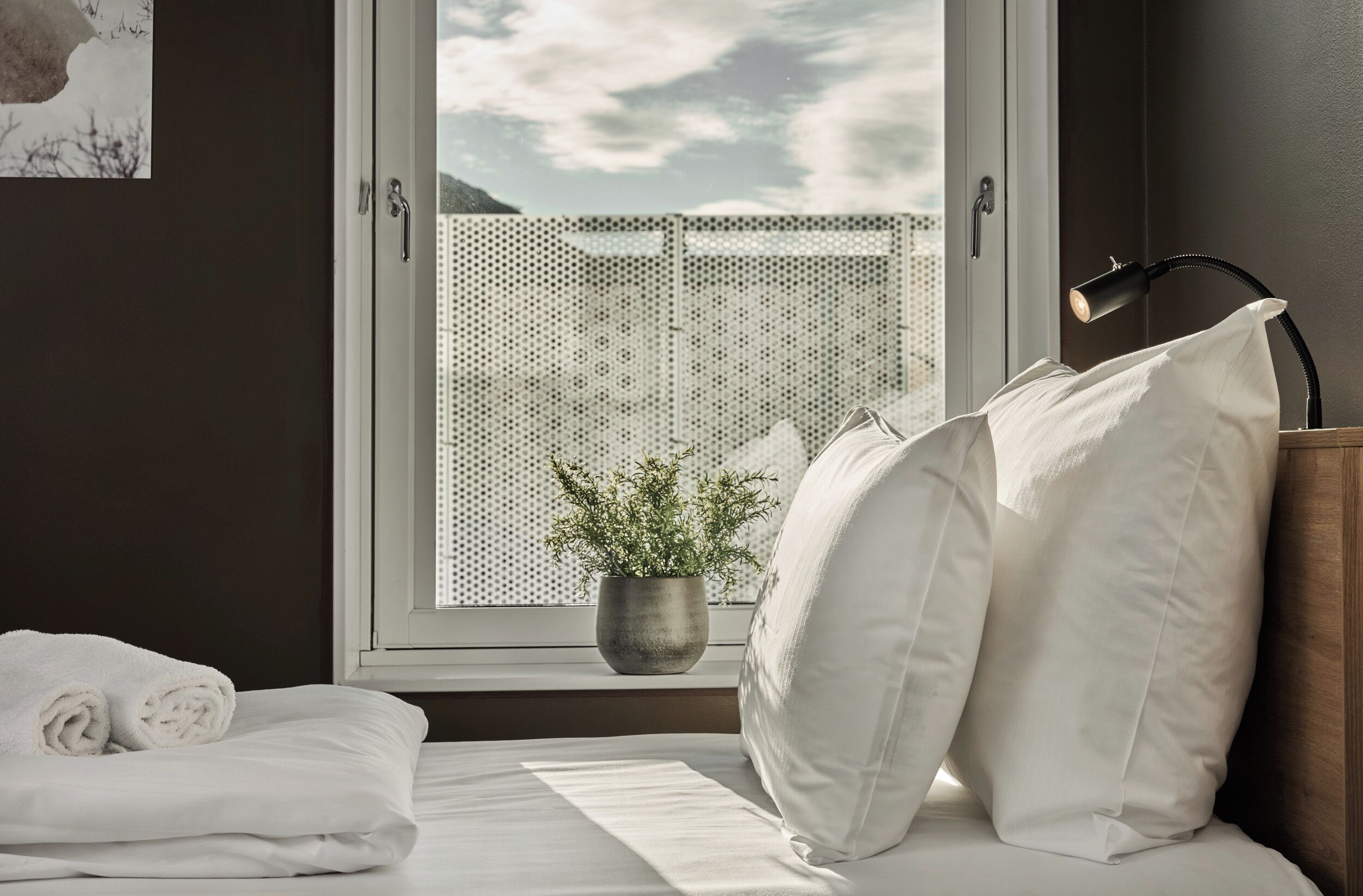 Ein Schlafzimmer mit einem Bett, Kissen, einer Nachttischlampe, einem Fenster mit Blick auf einen Zaun und einer Topfpflanze.