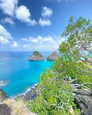 Un paisaje costero con afloramientos rocosos y aguas azul cristalino.
