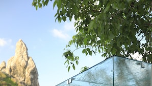 A glass-enclosed shower area with a bench, surrounded by greenery and a rock formation in the background.