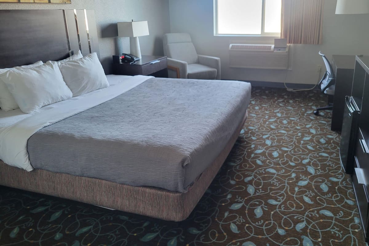 Une chambre d’hôtel avec un grand lit, un bureau avec une lampe, une chaise, un climatiseur et un téléviseur.