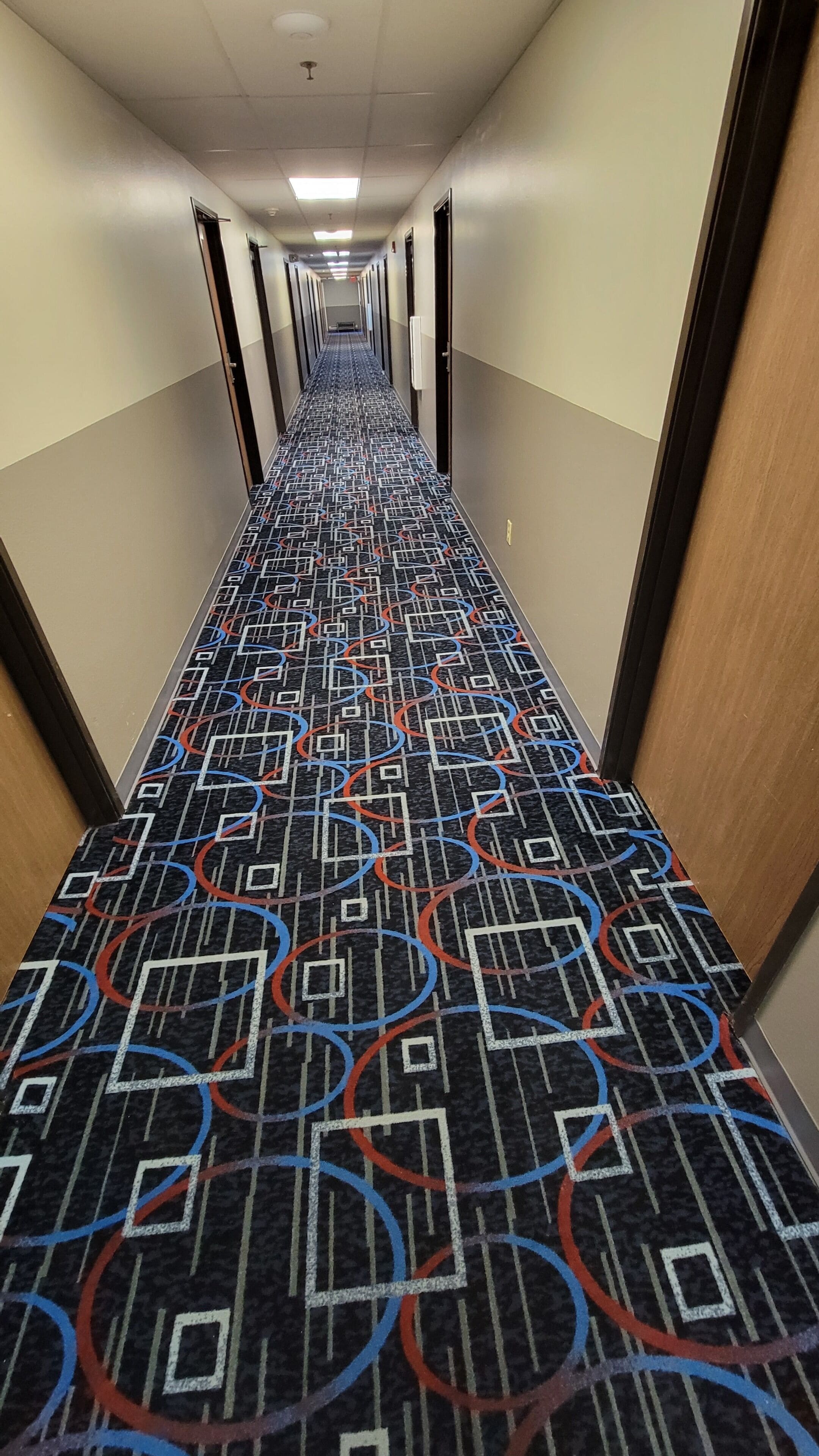 Een hotelgang met een kamerbreed tapijt, deuren aan beide kanten en een plafondlamp.