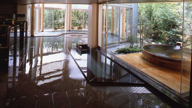 Uma área de piscina interna moderna, com paredes de vidro, deck de madeira e vista para uma paisagem natural.
