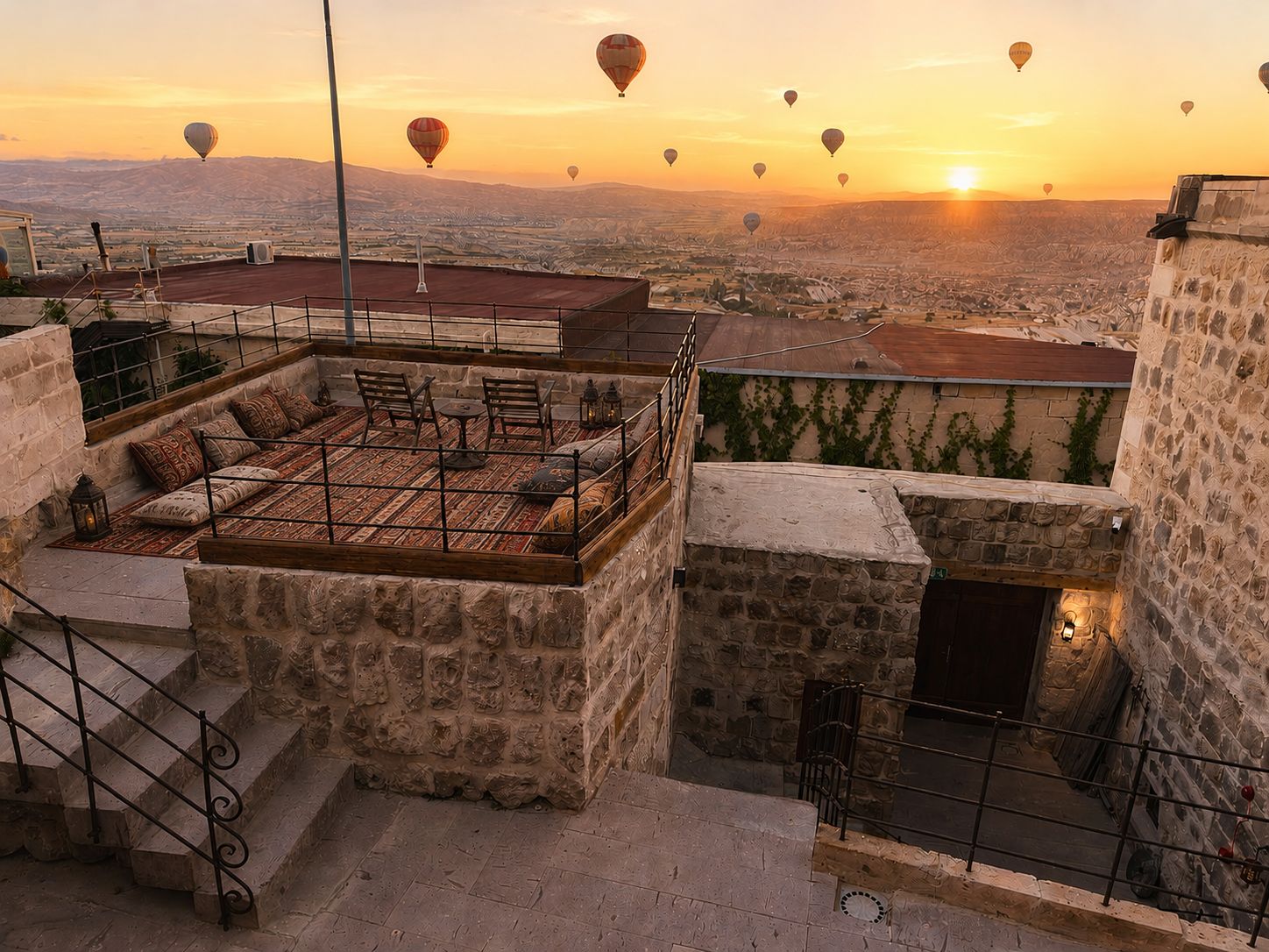 A rooftop terrace with a view of a cityscape and hot air balloons in the distance.