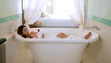 Shower, rainfall showerhead, hair dryer, bathrobes