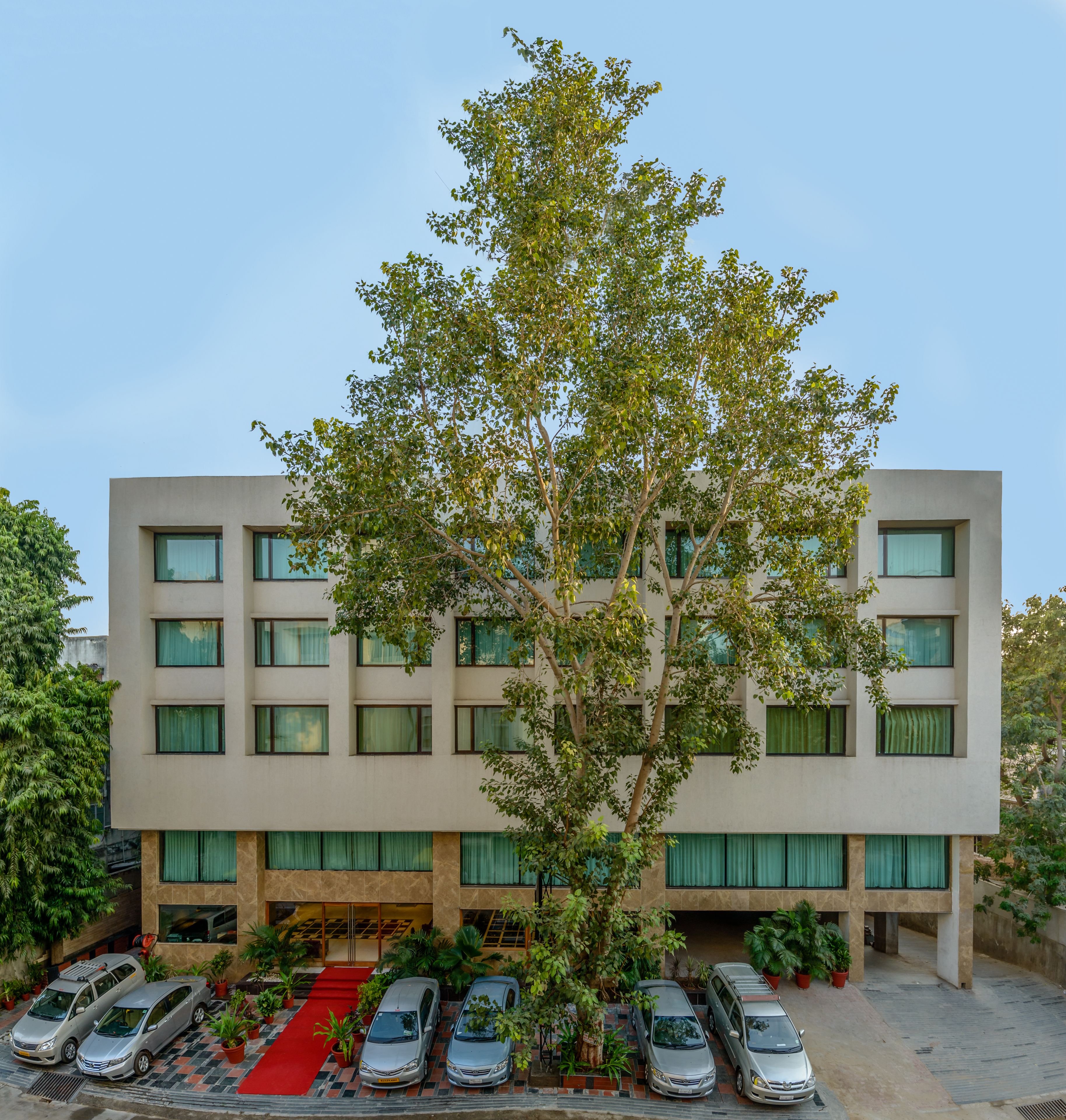 A multi-story building with a central tree, a red carpet, and several parked cars.