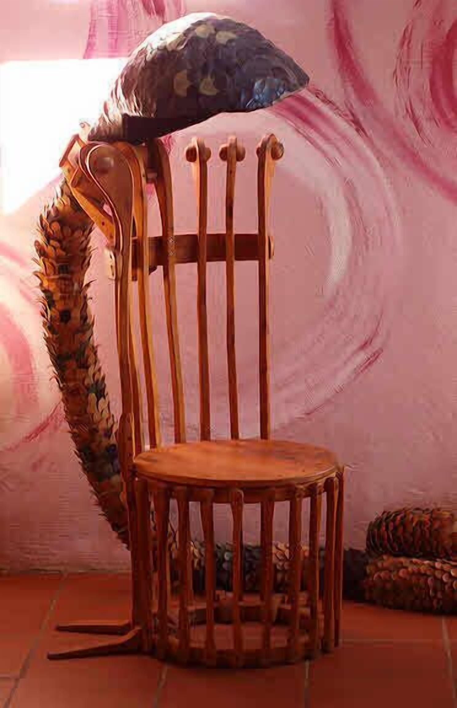 A chair with a unique design, featuring a curved backrest and a wooden frame.