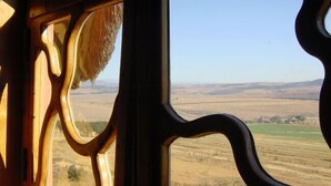 A view through a window with a unique wavy frame design, offering a landscape view of fields and distant hills.