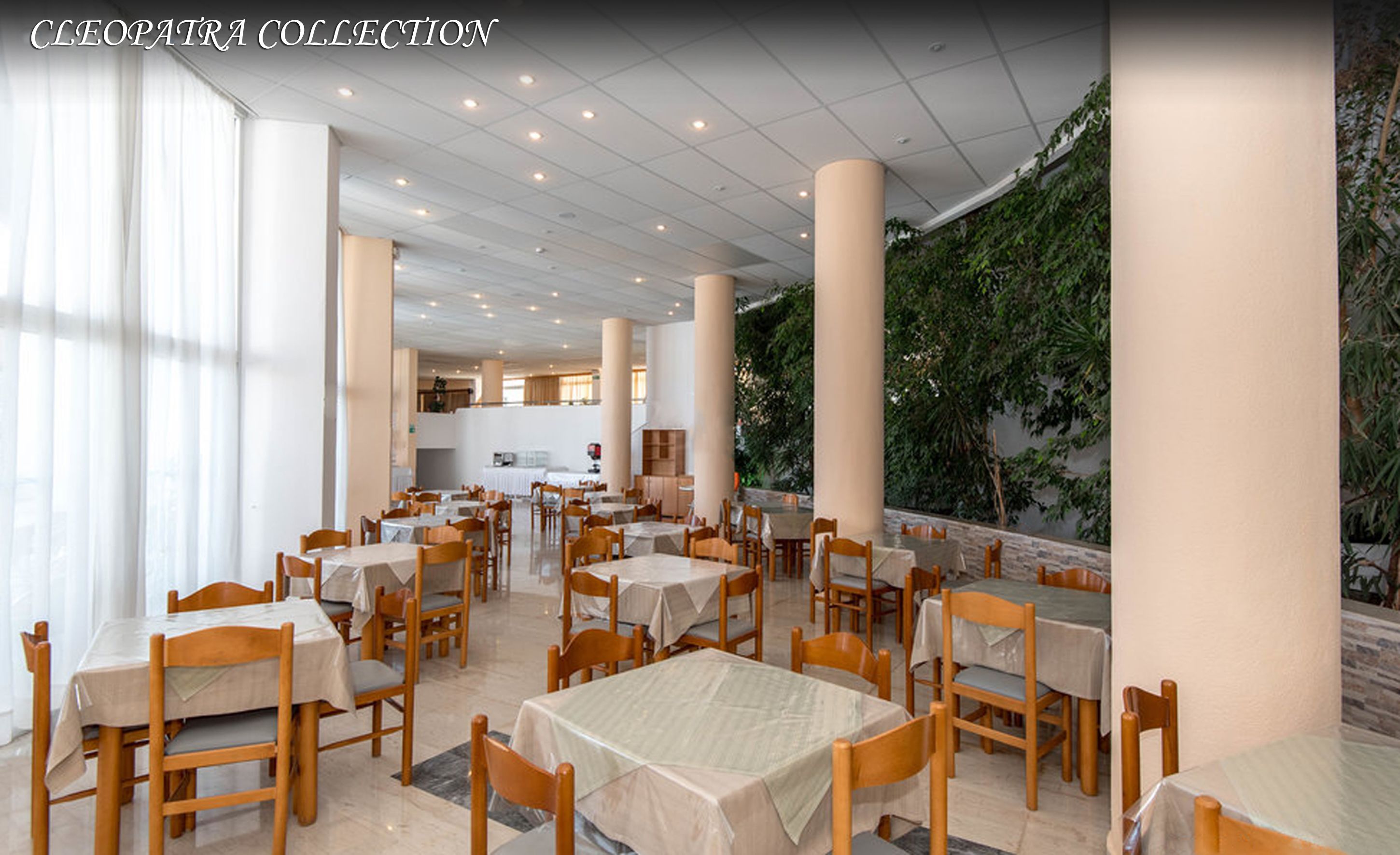 A spacious restaurant with multiple tables and chairs, large pillars, and a view of greenery outside.