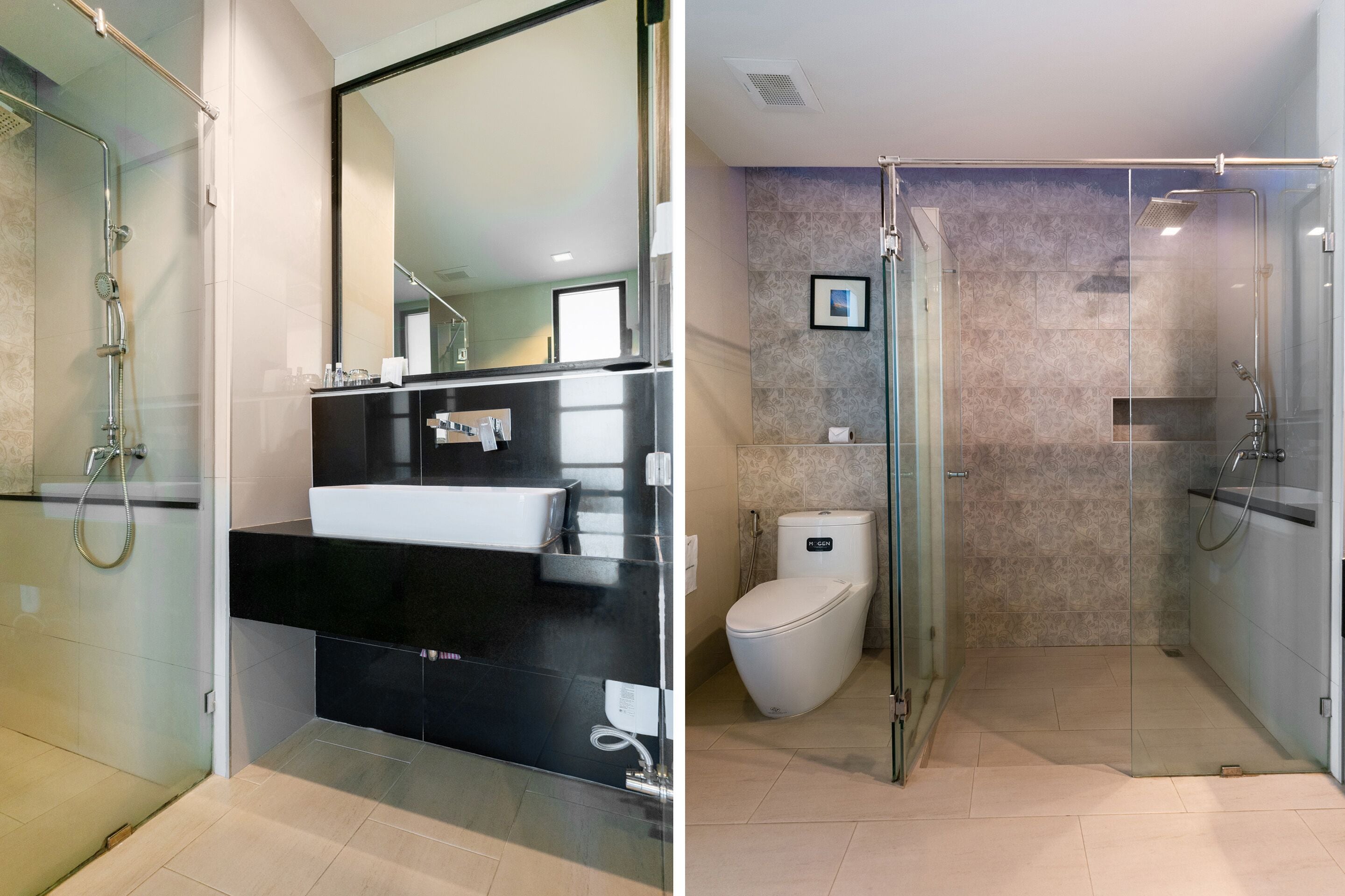 deluxe double room | bathroom | shower, rainfall showerhead, towels, soap