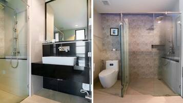 Chambre Double Deluxe | Salle de bain | Douche, douche à « effet pluie », serviettes fournies, savon