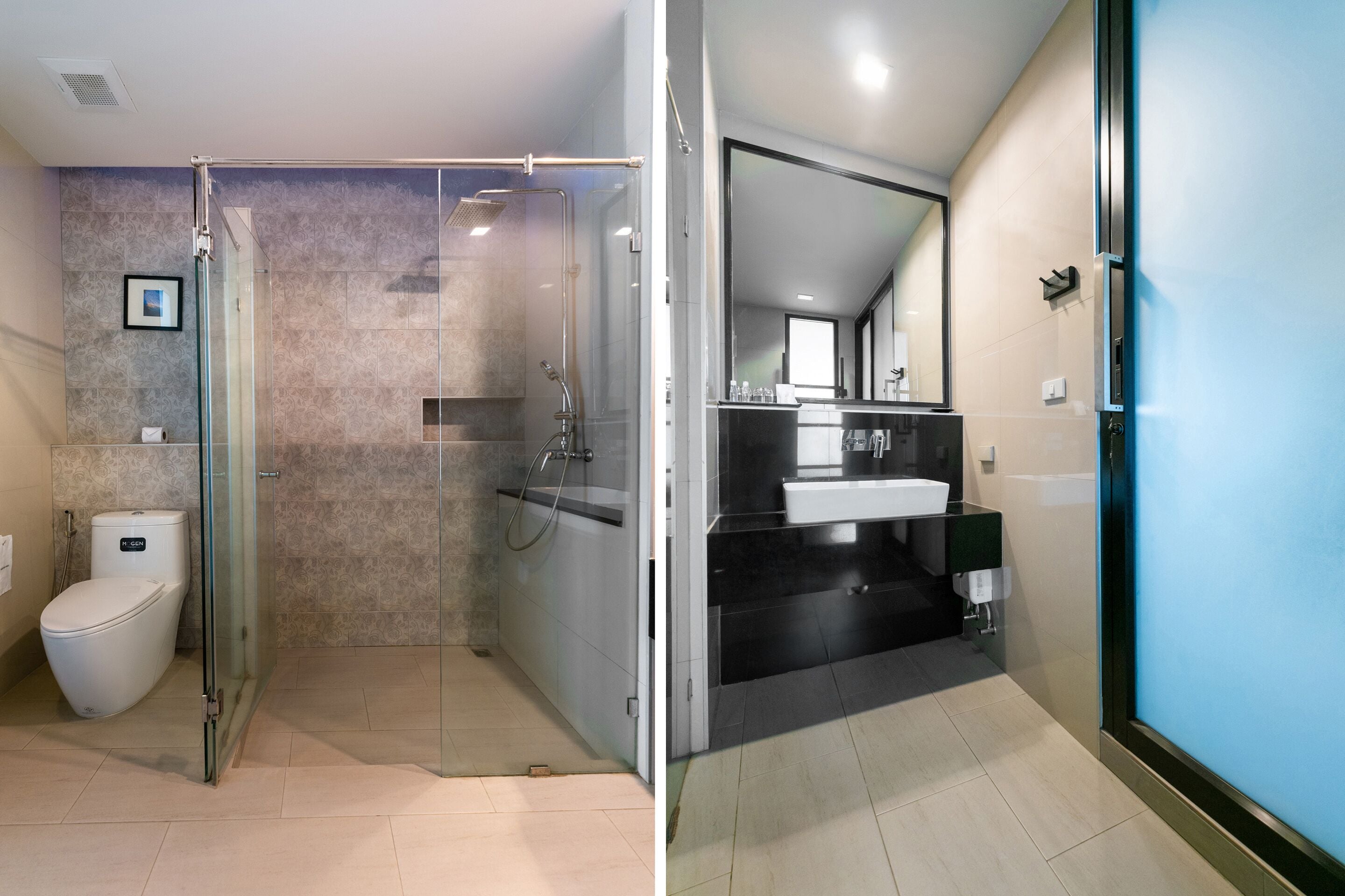 superior twin room | bathroom | shower, rainfall showerhead, towels, soap