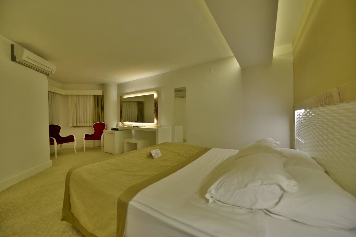 A hotel room with a bed, a desk, a chair, and a mirror.