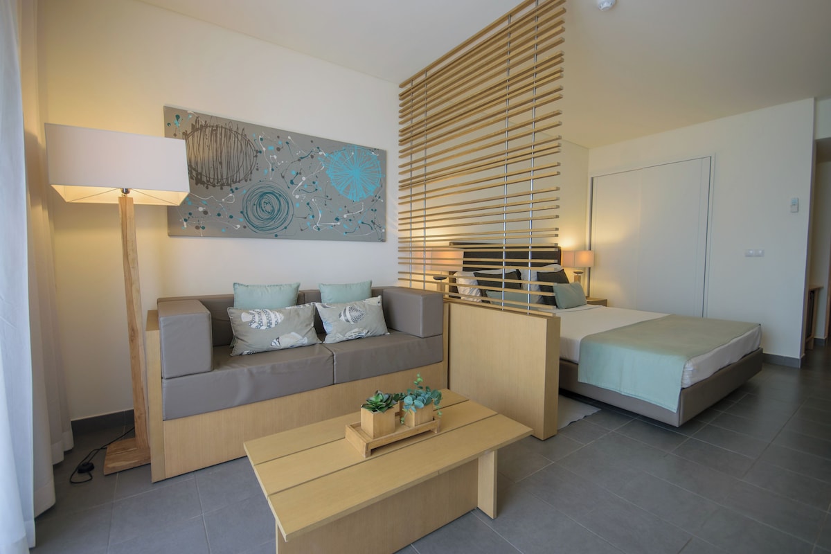 A modern, compact living space with a sofa, a bed, a coffee table, and a wall-mounted artwork.