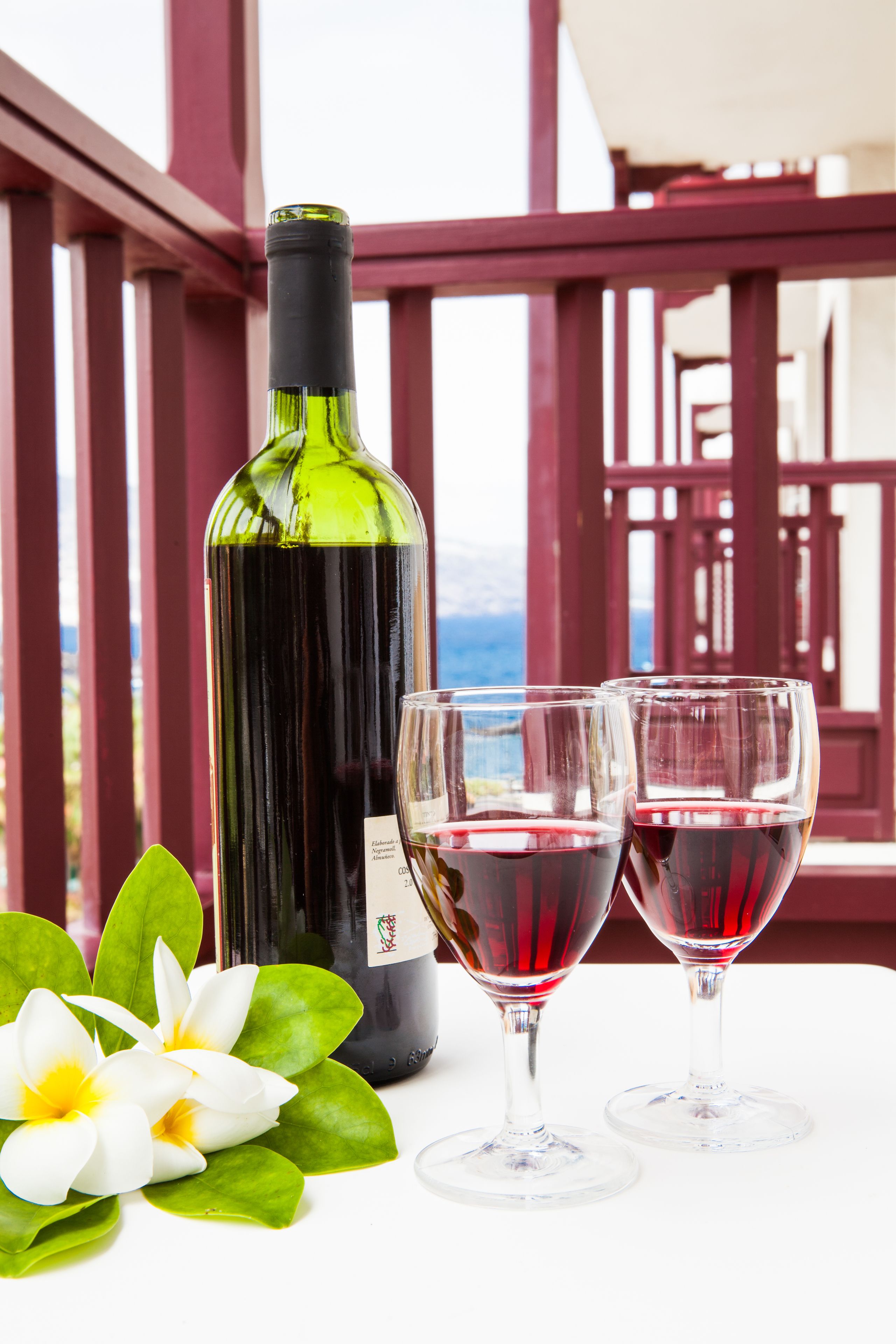 Una botella de vino y dos copas sobre una mesa con vista al océano.