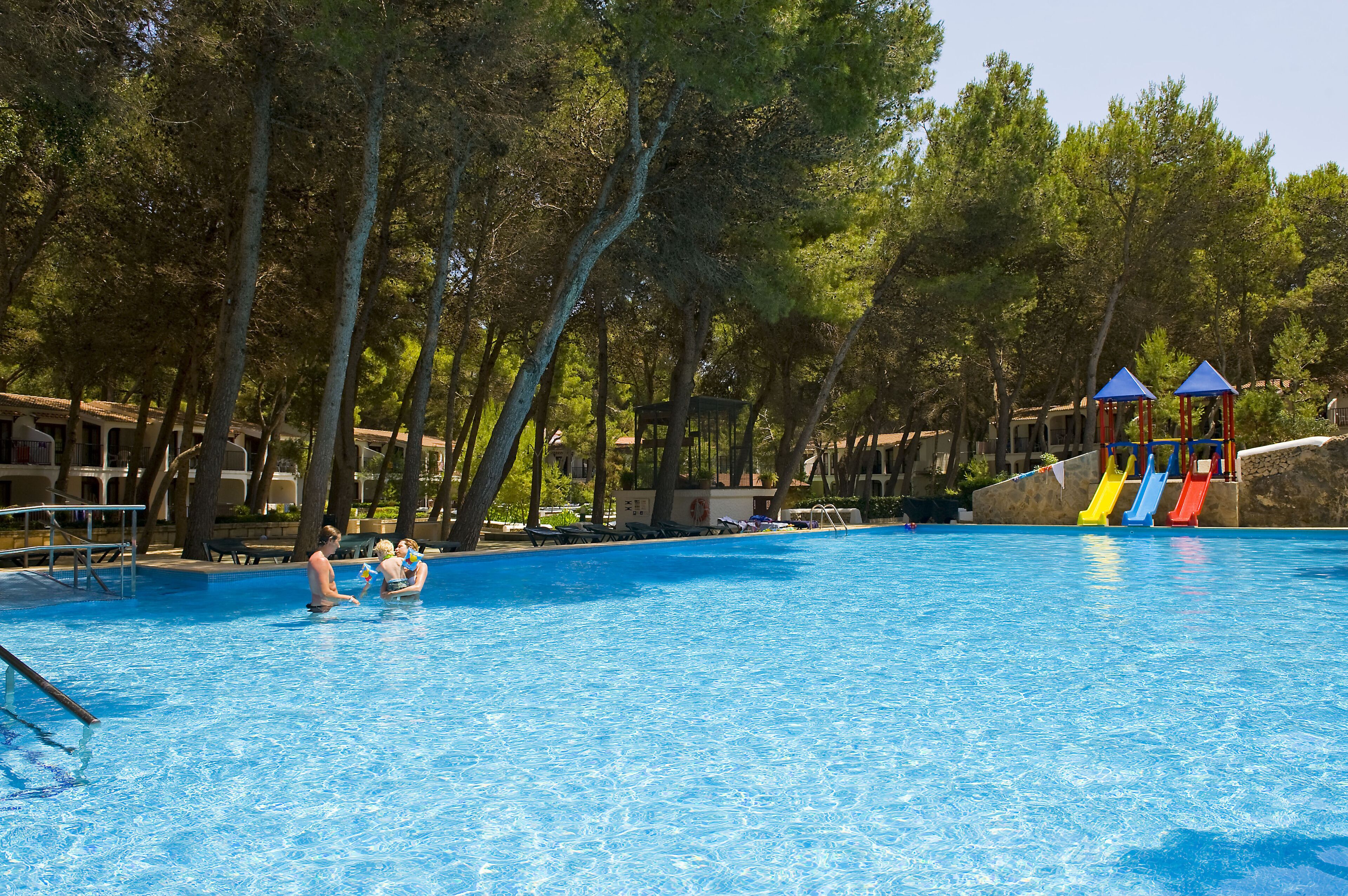 A swimming pool surrounded by trees, with a slide and a gazebo.